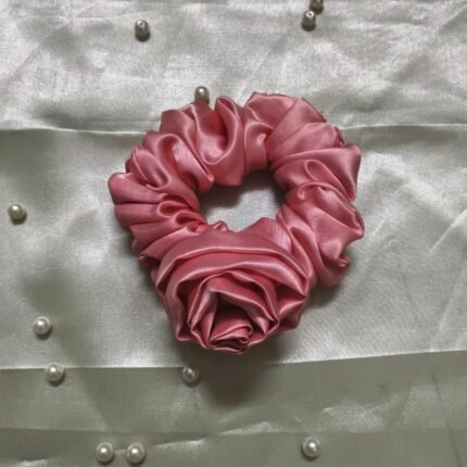 Satin pink rose scrunchie
